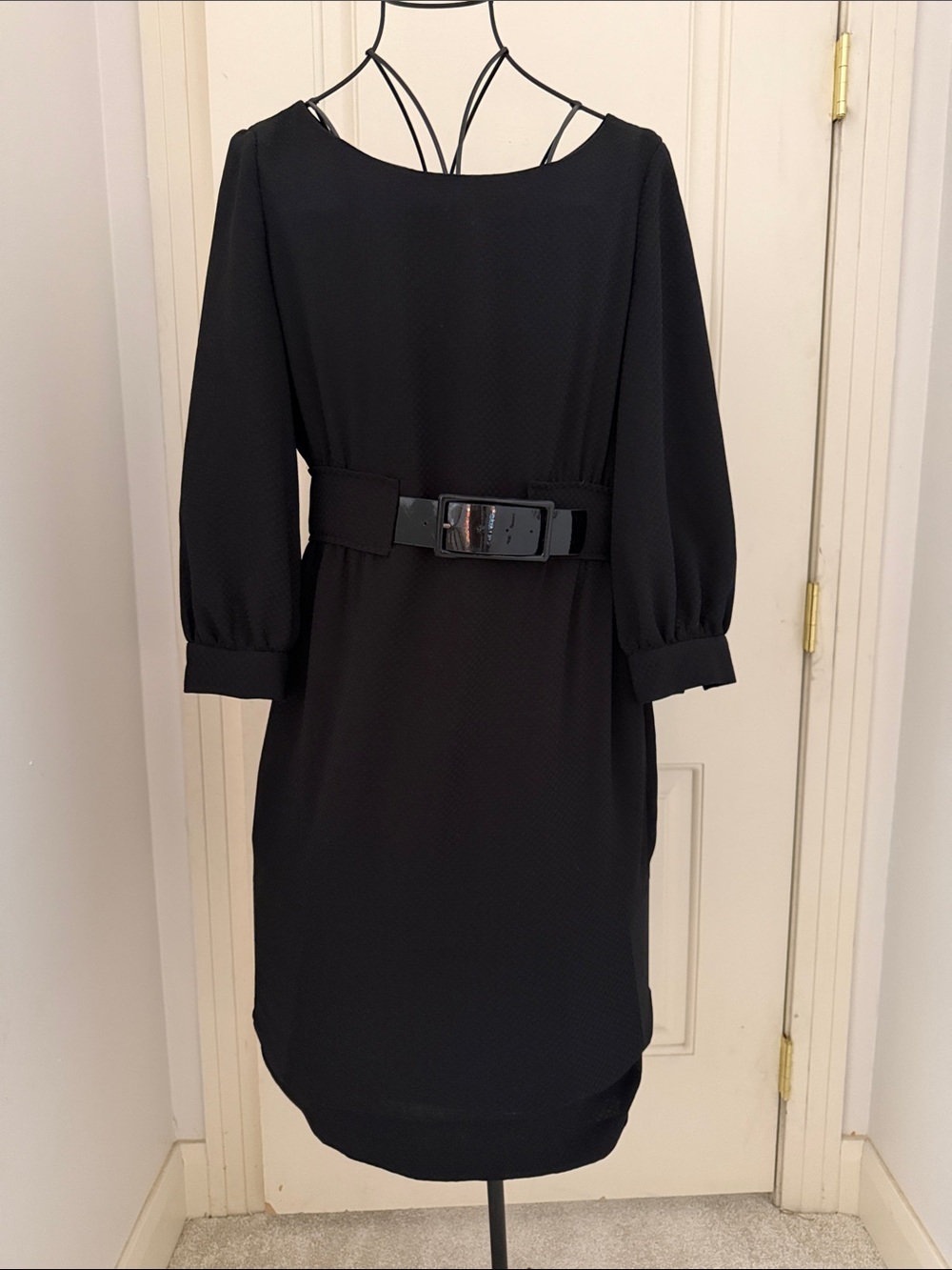 Maggy London Black Belted Boatneck Long Sleeve Sheath Dress